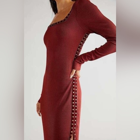 Free People Dresses & Skirts - Free People NWT Square Neck Bronze Studded Simone Wine Bordeaux Midi Dress in XL